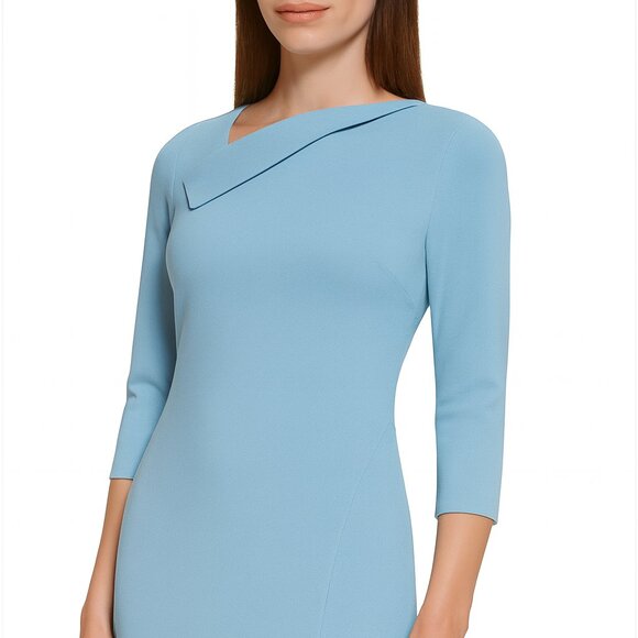 Calvin Klein Women's 3/4 Sleeve Drape Neck, Slit Trim Solid Sheath Dress in blue - Picture 2 of 3